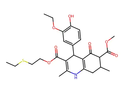 3-[2-(ethylsulfanyl)ethyl] 6-methyl 4-(3-ethoxy-4-hydroxyphenyl)-2,7-dimethyl-5-oxo-1,4,5,6,7,8-hexahydroquinoline-3,6-dicarboxylate structure