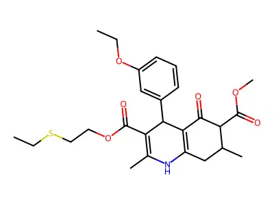 3-[2-(ethylsulfanyl)ethyl] 6-methyl 4-(3-ethoxyphenyl)-2,7-dimethyl-5-oxo-1,4,5,6,7,8-hexahydroquinoline-3,6-dicarboxylate structure