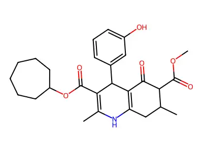 3-cycloheptyl 6-methyl 4-(3-hydroxyphenyl)-2,7-dimethyl-5-oxo-1,4,5,6,7,8-hexahydroquinoline-3,6-dicarboxylate structure