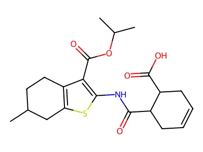 6-[(6-methyl-3-propan-2-yloxycarbonyl-4,5,6,7-tetrahydro-1-benzothiophen-2-yl)carbamoyl]cyclohex-3-ene-1-carboxylic acid structure