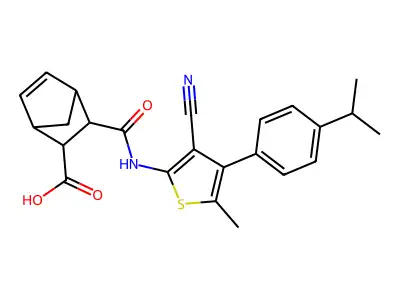 3-({[3-cyano-4-(4-isopropylphenyl)-5-methyl-2-thienyl]amino}carbonyl)bicyclo[2.2.1]hept-5-ene-2-carboxylic acid structure