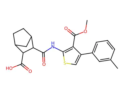 2-[[3-methoxycarbonyl-4-(3-methylphenyl)thiophen-2-yl]carbamoyl]bicyclo[2.2.1]heptane-3-carboxylic acid structure