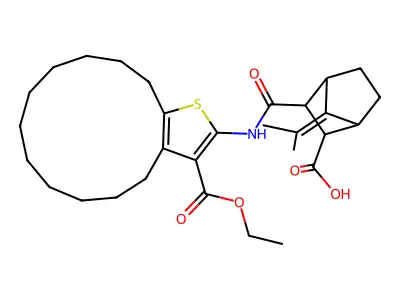 3-((3-(Ethoxycarbonyl)-5,6,7,8,9,10,11,12,13,14-decahydro-4H-cyclotrideca[b]thiophen-2-yl)carbamoyl)-7-(propan-2-ylidene)bicyclo[2.2.1]heptane-2-carboxylic acid structure