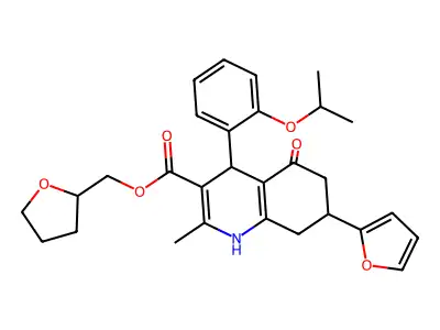 tetrahydrofuran-2-ylmethyl 7-(furan-2-yl)-2-methyl-5-oxo-4-[2-(propan-2-yloxy)phenyl]-1,4,5,6,7,8-hexahydroquinoline-3-carboxylate structure
