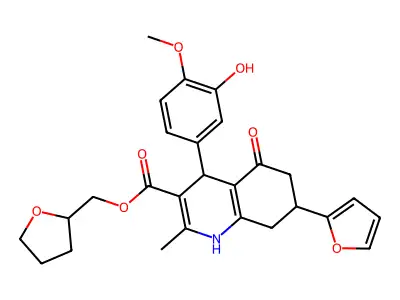 tetrahydrofuran-2-ylmethyl 7-(furan-2-yl)-4-(3-hydroxy-4-methoxyphenyl)-2-methyl-5-oxo-1,4,5,6,7,8-hexahydroquinoline-3-carboxylate structure