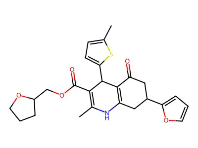 tetrahydrofuran-2-ylmethyl 7-(furan-2-yl)-2-methyl-4-(5-methylthiophen-2-yl)-5-oxo-1,4,5,6,7,8-hexahydroquinoline-3-carboxylate structure