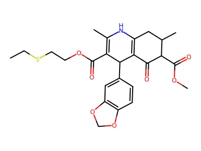 3-(2-(ethylthio)ethyl) 6-methyl 4-(benzo[d][1,3]dioxol-5-yl)-2,7-dimethyl-5-oxo-1,4,5,6,7,8-hexahydroquinoline-3,6-dicarboxylate structure