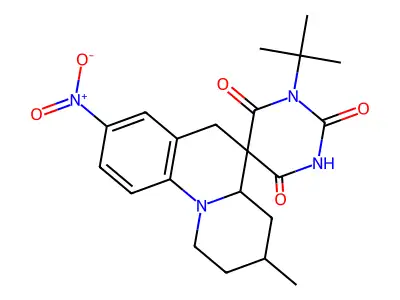 1'-tert-butyl-3-methyl-8-nitrospiro[1,2,3,4,4a,6-hexahydrobenzo[c]quinolizine-5,5'-1,3-diazinane]-2',4',6'-trione structure