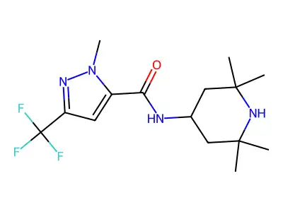 2-methyl-N-(2,2,6,6-tetramethylpiperidin-4-yl)-5-(trifluoromethyl)pyrazole-3-carboxamide structure