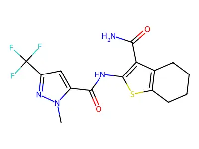 N-(3-carbamoyl-4,5,6,7-tetrahydro-1-benzothiophen-2-yl)-2-methyl-5-(trifluoromethyl)pyrazole-3-carboxamide structure