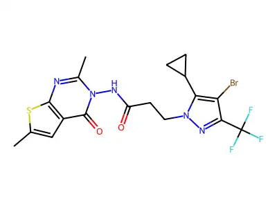 3-[4-bromo-5-cyclopropyl-3-(trifluoromethyl)pyrazol-1-yl]-N-(2,6-dimethyl-4-oxothieno[2,3-d]pyrimidin-3-yl)propanamide structure