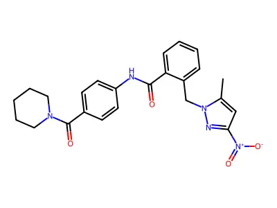 2-[(5-methyl-3-nitropyrazol-1-yl)methyl]-N-[4-(piperidine-1-carbonyl)phenyl]benzamide structure
