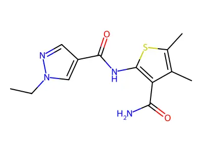 N-(3-carbamoyl-4,5-dimethylthiophen-2-yl)-1-ethylpyrazole-4-carboxamide structure