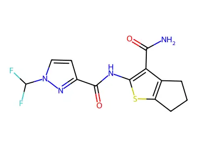 N-(3-carbamoyl-5,6-dihydro-4H-cyclopenta[b]thiophen-2-yl)-1-(difluoromethyl)pyrazole-3-carboxamide structure