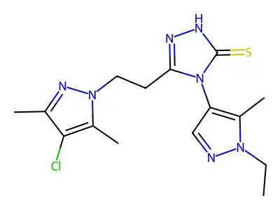 3-[2-(4-chloro-3,5-dimethylpyrazol-1-yl)ethyl]-4-(1-ethyl-5-methylpyrazol-4-yl)-1H-1,2,4-triazole-5-thione structure