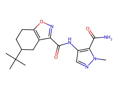 5-tert-butyl-N-(5-carbamoyl-1-methyl-1H-pyrazol-4-yl)-4,5,6,7-tetrahydro-1,2-benzoxazole-3-carboxamide structure