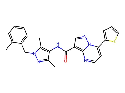 N-[3,5-dimethyl-1-[(2-methylphenyl)methyl]pyrazol-4-yl]-7-thiophen-2-ylpyrazolo[1,5-a]pyrimidine-3-carboxamide structure