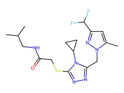 2-[[4-cyclopropyl-5-[[3-(difluoromethyl)-5-methylpyrazol-1-yl]methyl]-1,2,4-triazol-3-yl]sulfanyl]-N-(2-methylpropyl)acetamide structure