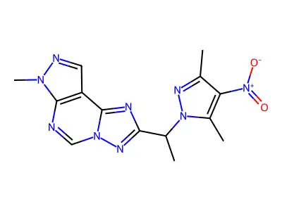 2-[1-(3,5-dimethyl-4-nitro-1H-pyrazol-1-yl)ethyl]-7-methyl-7H-pyrazolo[4,3-e][1,2,4]triazolo[1,5-c]pyrimidine structure
