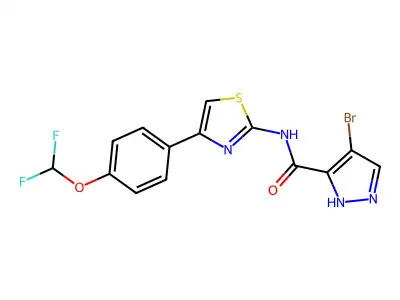 4-bromo-N-[4-[4-(difluoromethoxy)phenyl]-1,3-thiazol-2-yl]-1H-pyrazole-5-carboxamide structure