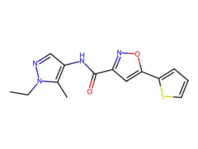N-(1-ethyl-5-methylpyrazol-4-yl)-5-thiophen-2-yl-1,2-oxazole-3-carboxamide structure