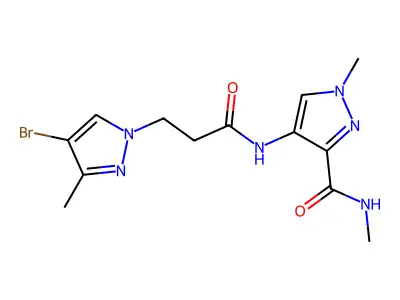 4-[3-(4-bromo-3-methylpyrazol-1-yl)propanoylamino]-N,1-dimethylpyrazole-3-carboxamide structure