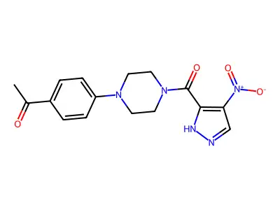 1-[4-[4-(4-nitro-1H-pyrazole-5-carbonyl)piperazin-1-yl]phenyl]ethanone structure