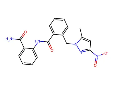 N-(2-carbamoylphenyl)-2-[(5-methyl-3-nitropyrazol-1-yl)methyl]benzamide structure