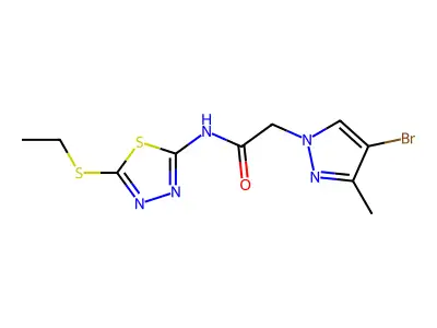 2-(4-bromo-3-methyl-1H-pyrazol-1-yl)-N-[5-(ethylsulfanyl)-1,3,4-thiadiazol-2-yl]acetamide structure