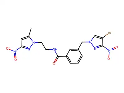 3-[(4-bromo-3-nitropyrazol-1-yl)methyl]-N-[2-(5-methyl-3-nitropyrazol-1-yl)ethyl]benzamide structure