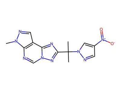 7-methyl-2-(2-(4-nitro-1H-pyrazol-1-yl)propan-2-yl)-7H-pyrazolo[4,3-e][1,2,4]triazolo[1,5-c]pyrimidine structure