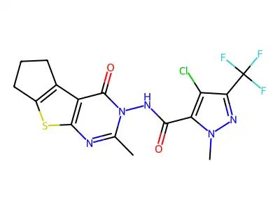 4-chloro-1-methyl-N-(2-methyl-4-oxo-6,7-dihydro-4H-cyclopenta[4,5]thieno[2,3-d]pyrimidin-3(5H)-yl)-3-(trifluoromethyl)-1H-pyrazole-5-carboxamide structure