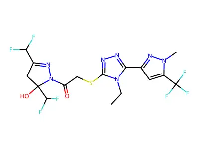 1-[3,5-bis(difluoromethyl)-5-hydroxy-4H-pyrazol-1-yl]-2-[[4-ethyl-5-[1-methyl-5-(trifluoromethyl)pyrazol-3-yl]-1,2,4-triazol-3-yl]sulfanyl]ethanone structure