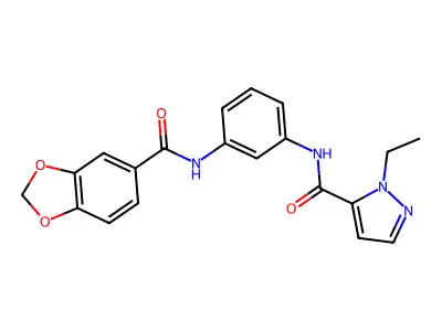 N-[3-(1,3-benzodioxole-5-carbonylamino)phenyl]-2-ethylpyrazole-3-carboxamide structure