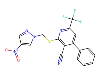 2-[(4-nitropyrazol-1-yl)methylsulfanyl]-4-phenyl-6-(trifluoromethyl)pyridine-3-carbonitrile structure