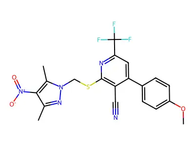 2-[(3,5-dimethyl-4-nitropyrazol-1-yl)methylsulfanyl]-4-(4-methoxyphenyl)-6-(trifluoromethyl)pyridine-3-carbonitrile structure