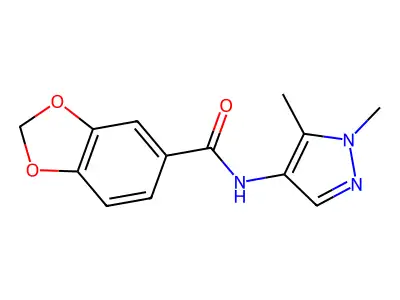 N-(1,5-dimethylpyrazol-4-yl)-1,3-benzodioxole-5-carboxamide structure