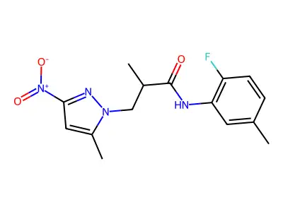 N-(2-fluoro-5-methylphenyl)-2-methyl-3-(5-methyl-3-nitropyrazol-1-yl)propanamide structure
