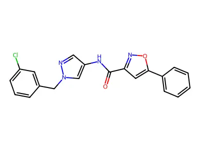 N-[1-[(3-chlorophenyl)methyl]pyrazol-4-yl]-5-phenyl-1,2-oxazole-3-carboxamide structure