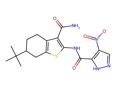 N-(6-tert-butyl-3-carbamoyl-4,5,6,7-tetrahydro-1-benzothiophen-2-yl)-4-nitro-1H-pyrazole-5-carboxamide structure