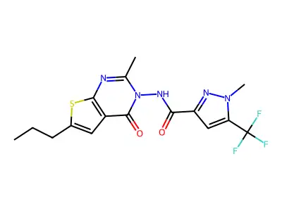 1-methyl-N-(2-methyl-4-oxo-6-propylthieno[2,3-d]pyrimidin-3-yl)-5-(trifluoromethyl)pyrazole-3-carboxamide structure