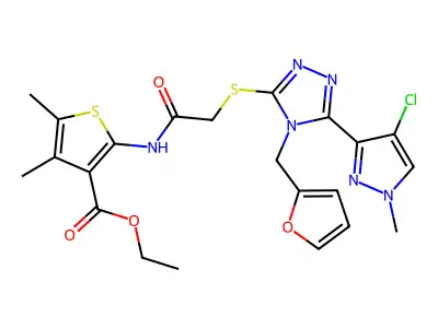 ethyl 2-(2-((5-(4-chloro-1-methyl-1H-pyrazol-3-yl)-4-(furan-2-ylmethyl)-4H-1,2,4-triazol-3-yl)thio)acetamido)-4,5-dimethylthiophene-3-carboxylate structure