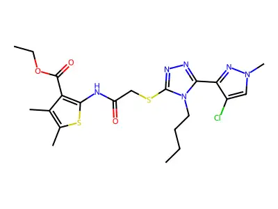 ethyl 2-(2-((4-butyl-5-(4-chloro-1-methyl-1H-pyrazol-3-yl)-4H-1,2,4-triazol-3-yl)thio)acetamido)-4,5-dimethylthiophene-3-carboxylate structure