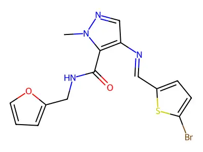 (E)-4-(((5-bromothiophen-2-yl)methylene)amino)-N-(furan-2-ylmethyl)-1-methyl-1H-pyrazole-5-carboxamide structure