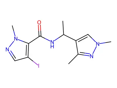 N-[1-(1,3-dimethylpyrazol-4-yl)ethyl]-4-iodo-2-methylpyrazole-3-carboxamide structure