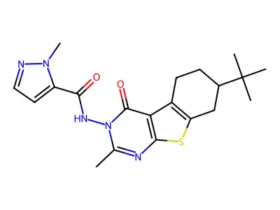 N-(7-tert-butyl-2-methyl-4-oxo-5,6,7,8-tetrahydro-[1]benzothiolo[2,3-d]pyrimidin-3-yl)-2-methylpyrazole-3-carboxamide structure