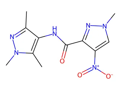 1-methyl-4-nitro-N-(1,3,5-trimethyl-1H-pyrazol-4-yl)-1H-pyrazole-3-carboxamide structure