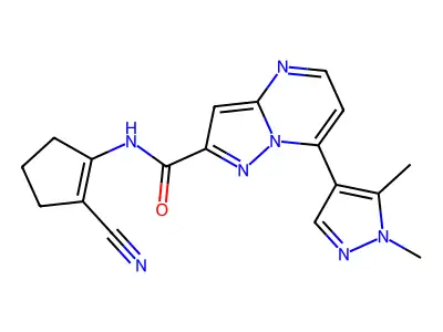 N~2~-(2-CYANO-1-CYCLOPENTENYL)-7-(1,5-DIMETHYL-1H-PYRAZOL-4-YL)PYRAZOLO[1,5-A]PYRIMIDINE-2-CARBOXAMIDE structure