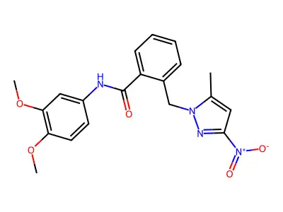 N-(3,4-dimethoxyphenyl)-2-[(5-methyl-3-nitropyrazol-1-yl)methyl]benzamide structure