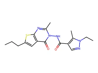 1-ethyl-5-methyl-N-(2-methyl-4-oxo-6-propylthieno[2,3-d]pyrimidin-3-yl)pyrazole-4-carboxamide structure